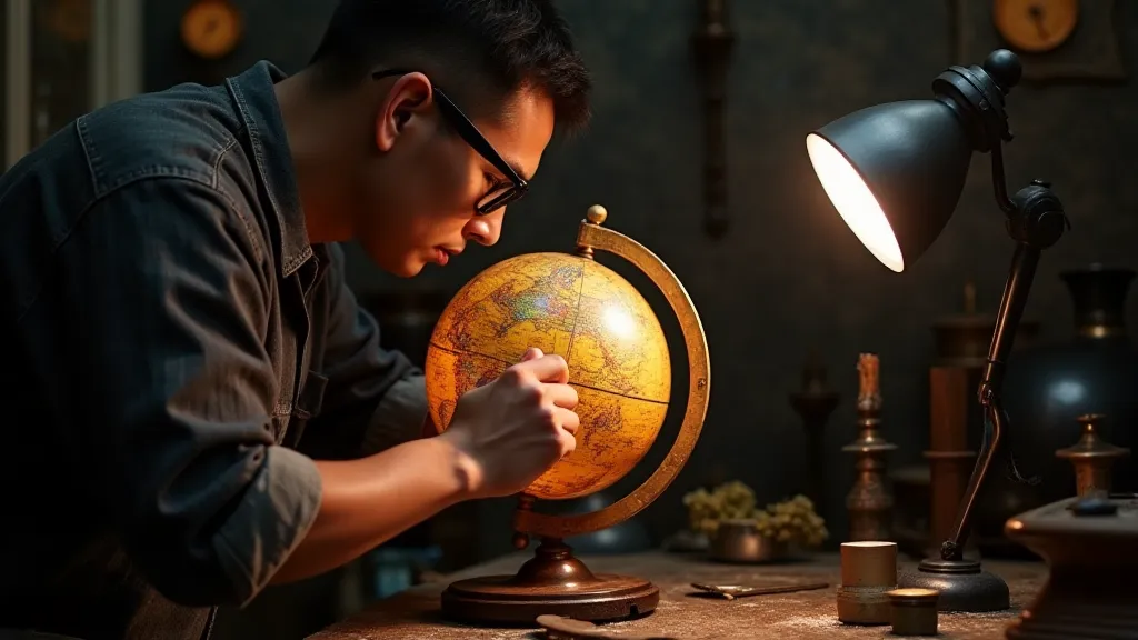 Conservator examining an antique globe