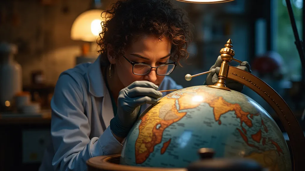 Conservator examining globe cartouche