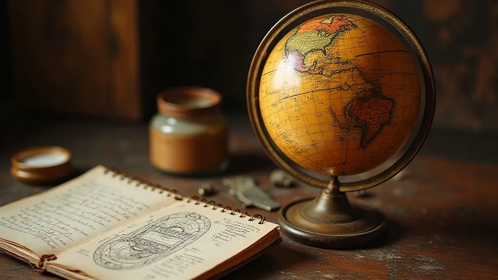 An antique globe resting on a table with open documentation detailing repair techniques.
