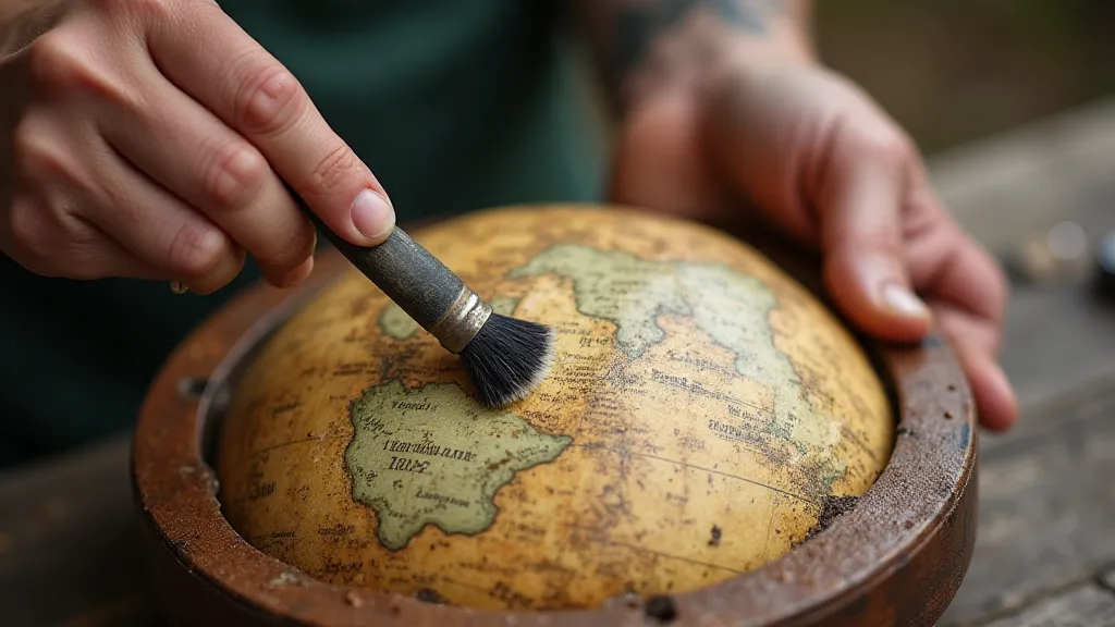 Cleaning antique globe paper with a brush