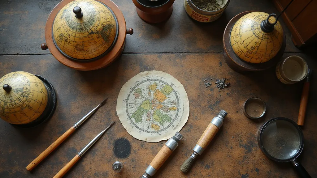 A collection of antique globe repair tools laid out on a workbench.