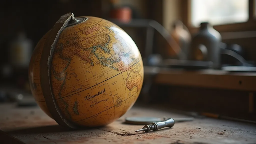 Antique globe on a workbench ready for cleaning