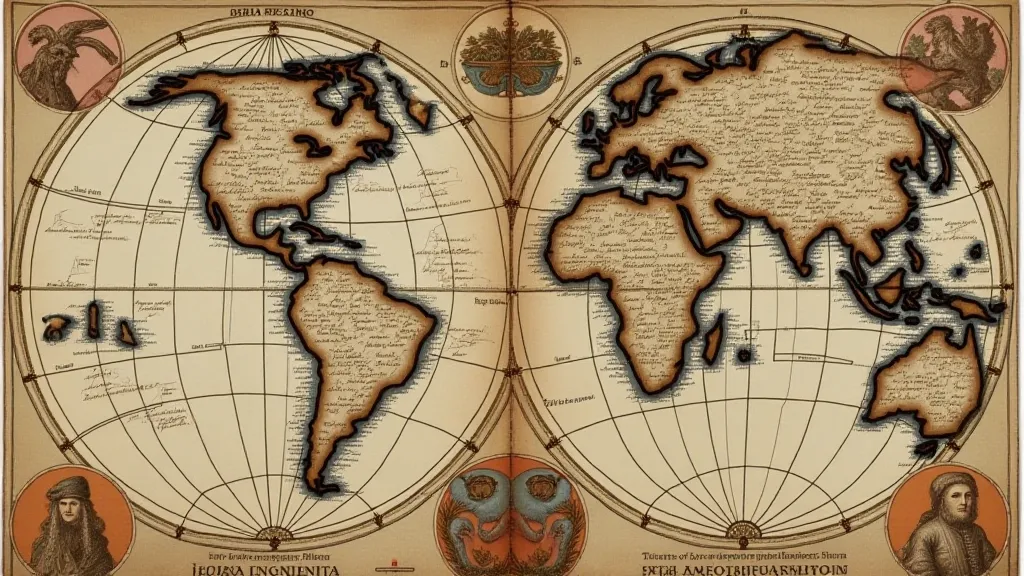 Antique globe showing terra incognita with mythical creatures.